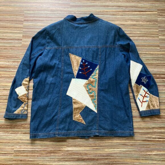 Allure Denim Chambray Patchwork Blazer Jacket Vintage Embellished Top - Picture 2 of 9